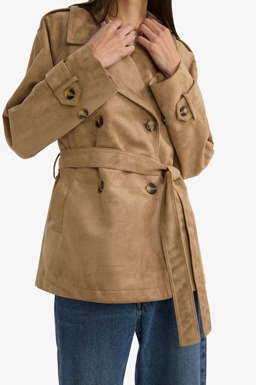 نساء بيج معطف ترانش كوت جوخ قصة عادية بياخة سموكين بحزام