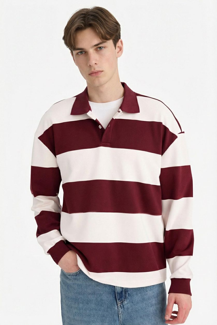 Erkek Bordo Boxy Fit Polo Yaka Çizgili Sweatshirt