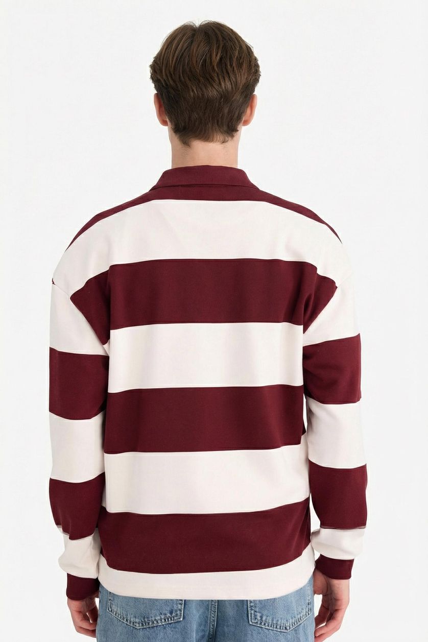Erkek Bordo Boxy Fit Polo Yaka Çizgili Sweatshirt