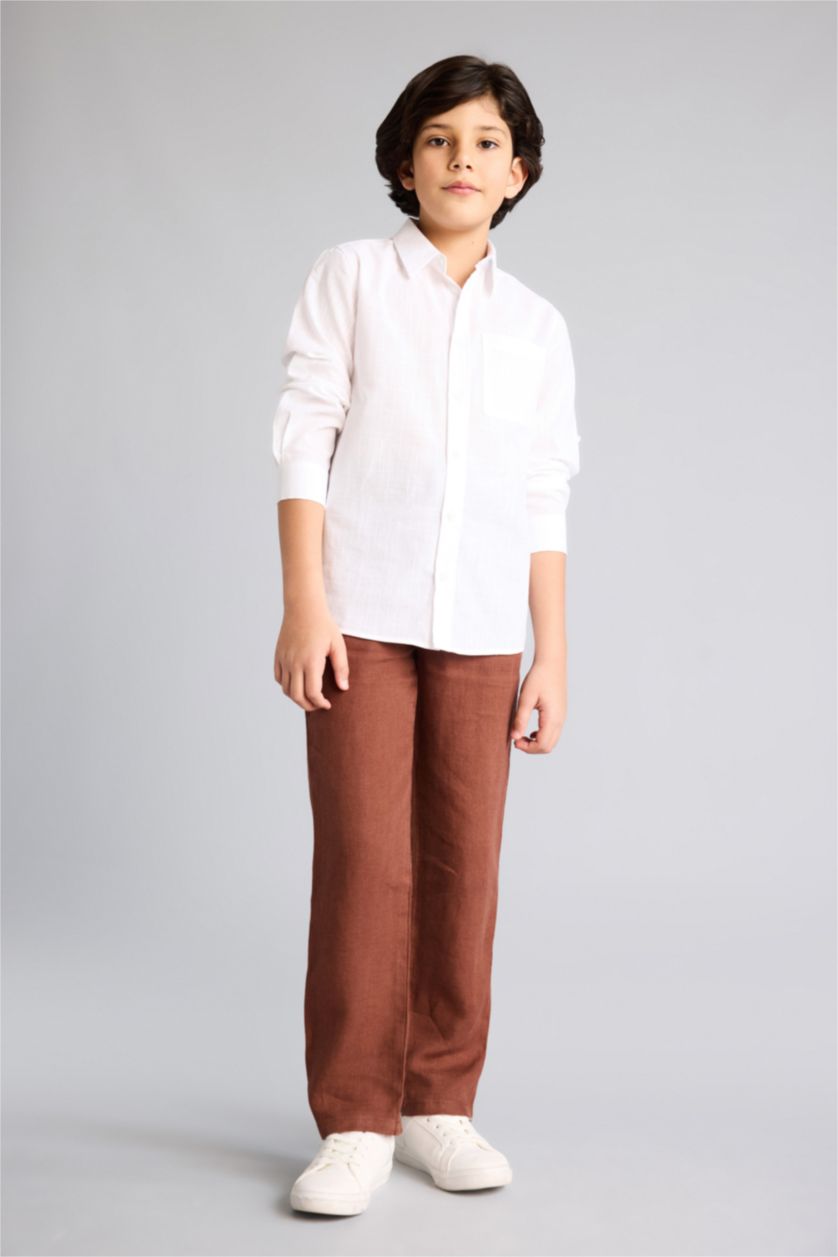 Erkek Çocuk - Genç Erkek Tarçın Regular Fıt Düz Paça Keten Pantolon Erkek Çocuk