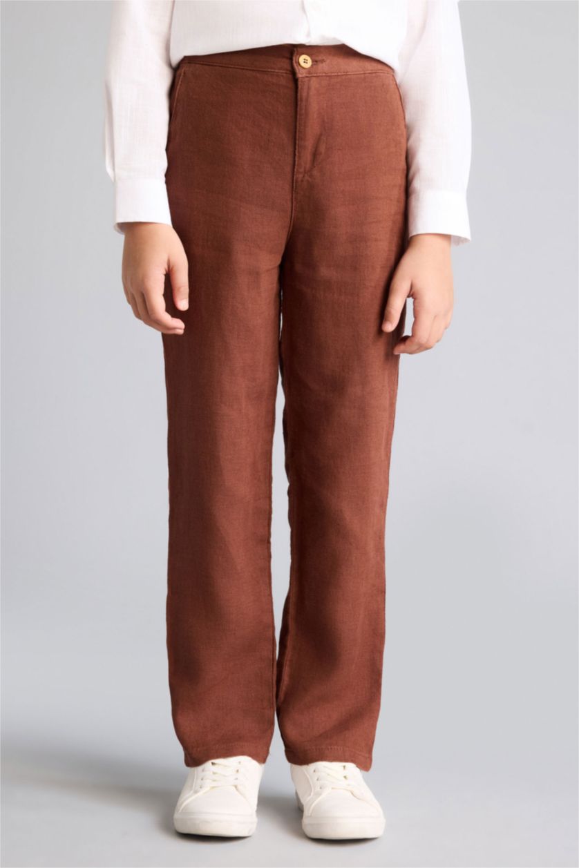 Erkek Çocuk - Genç Erkek Tarçın Regular Fıt Düz Paça Keten Pantolon Erkek Çocuk