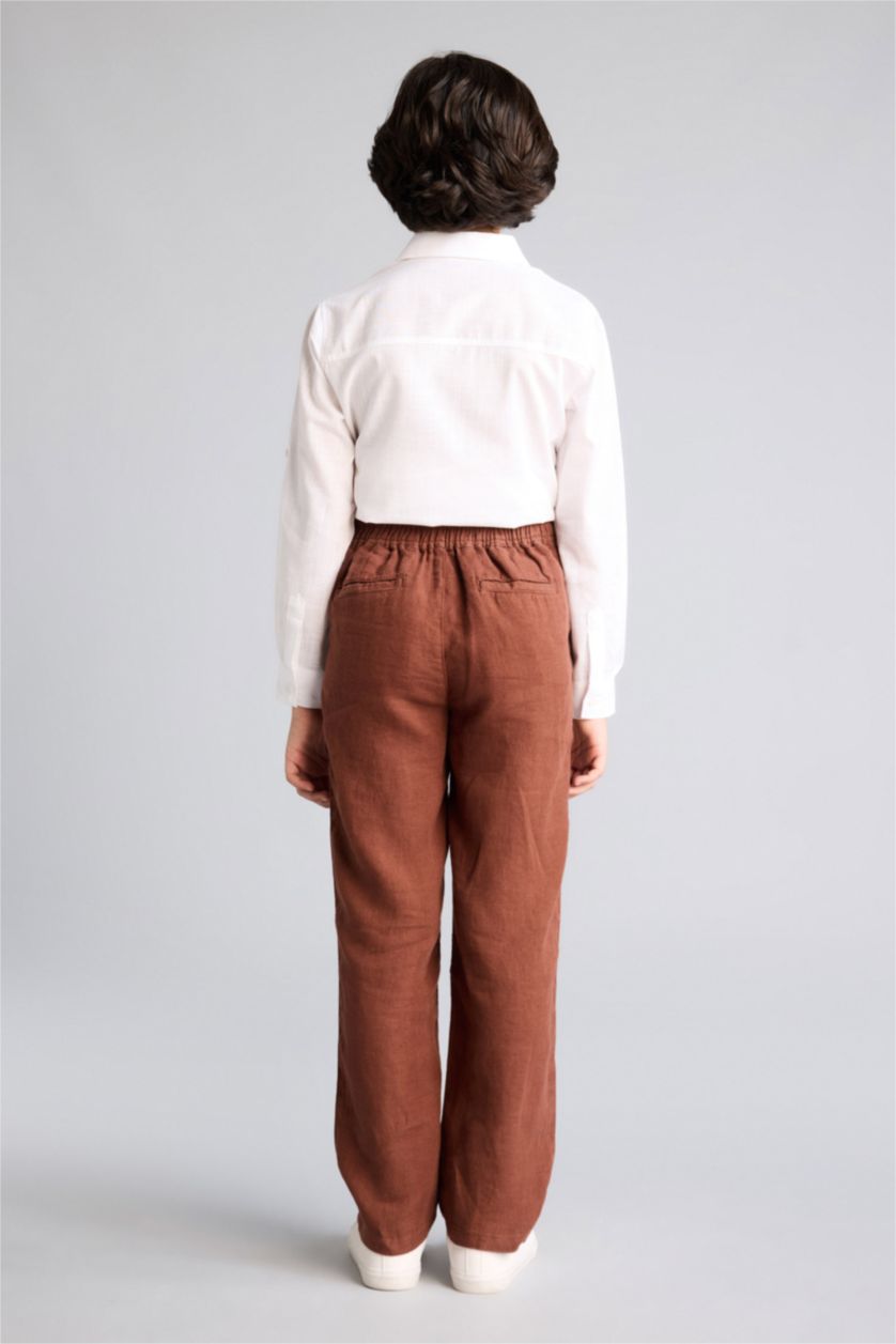 Erkek Çocuk - Genç Erkek Tarçın Regular Fıt Düz Paça Keten Pantolon Erkek Çocuk