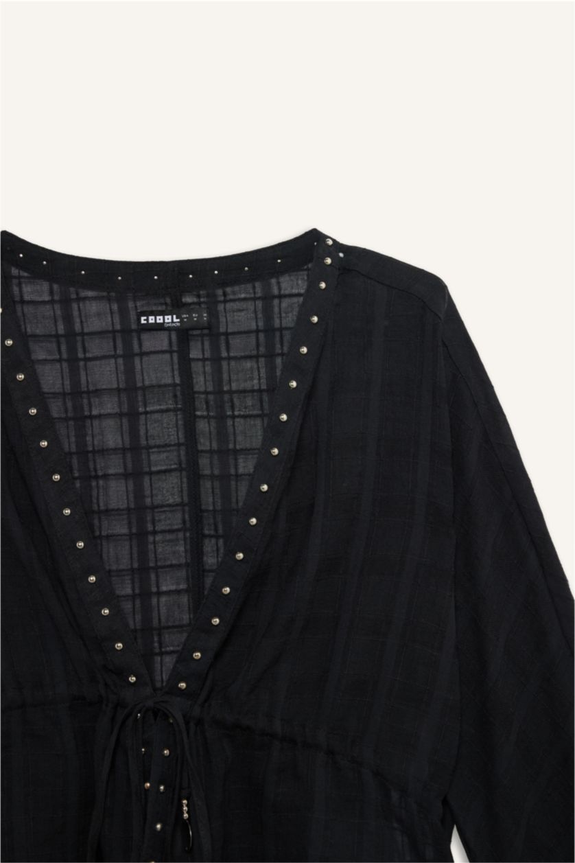 Әйелдерге қара Coool қалыпты пішім v жаға Ұзын Жеңді Блуза