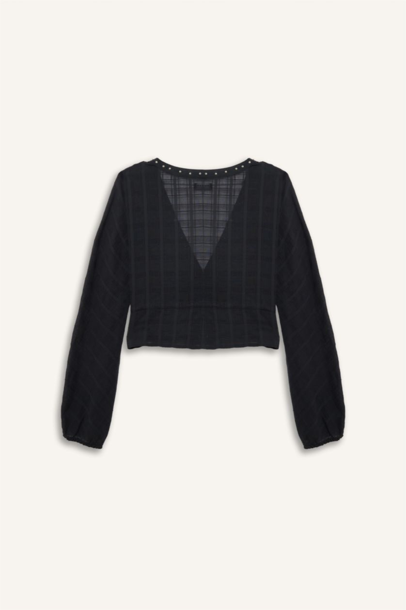 Әйелдерге қара Coool қалыпты пішім v жаға Ұзын Жеңді Блуза