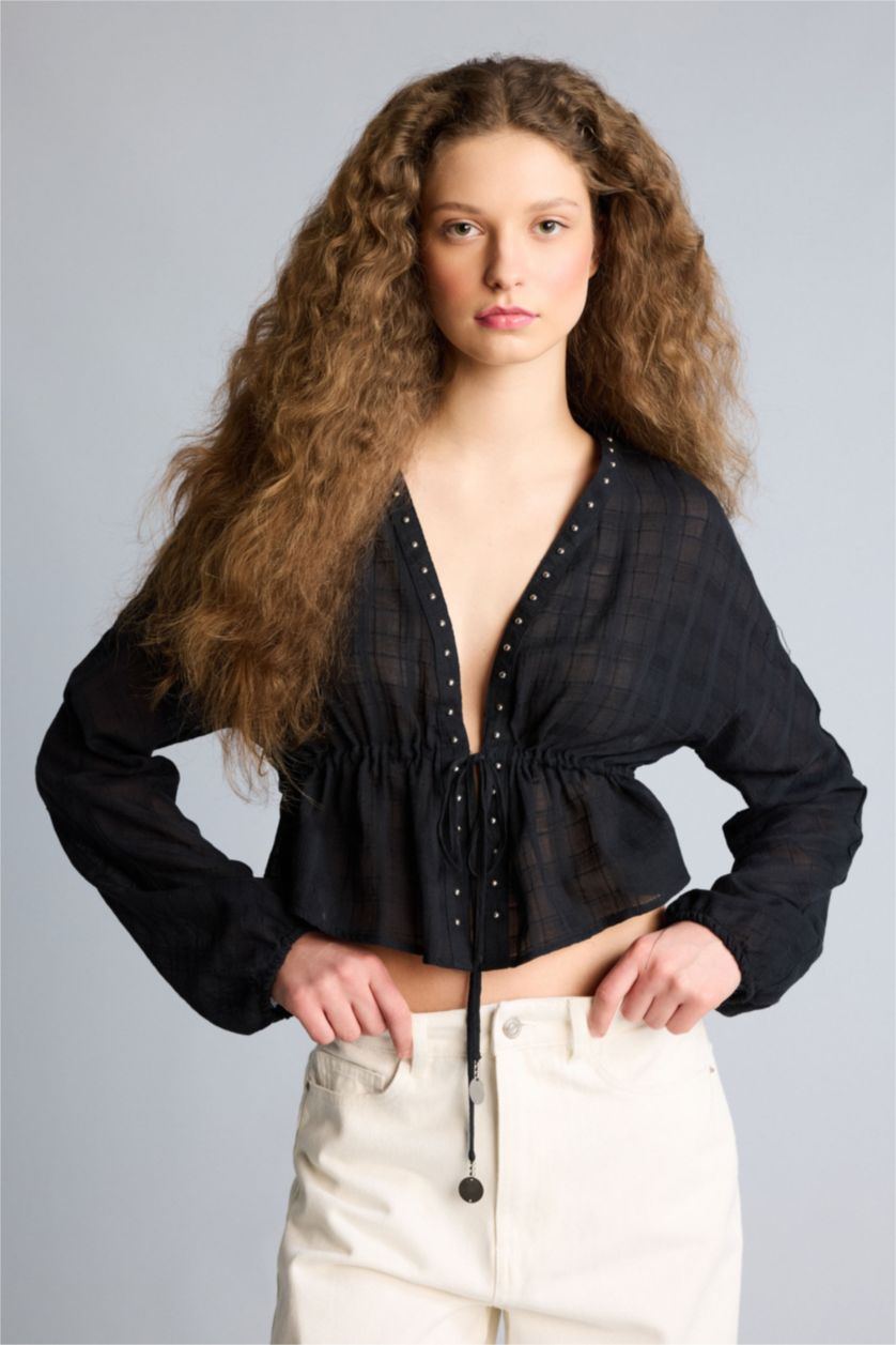 WOMAN Black Regular Fit V-Neck Coool Long Sleeve Blouse