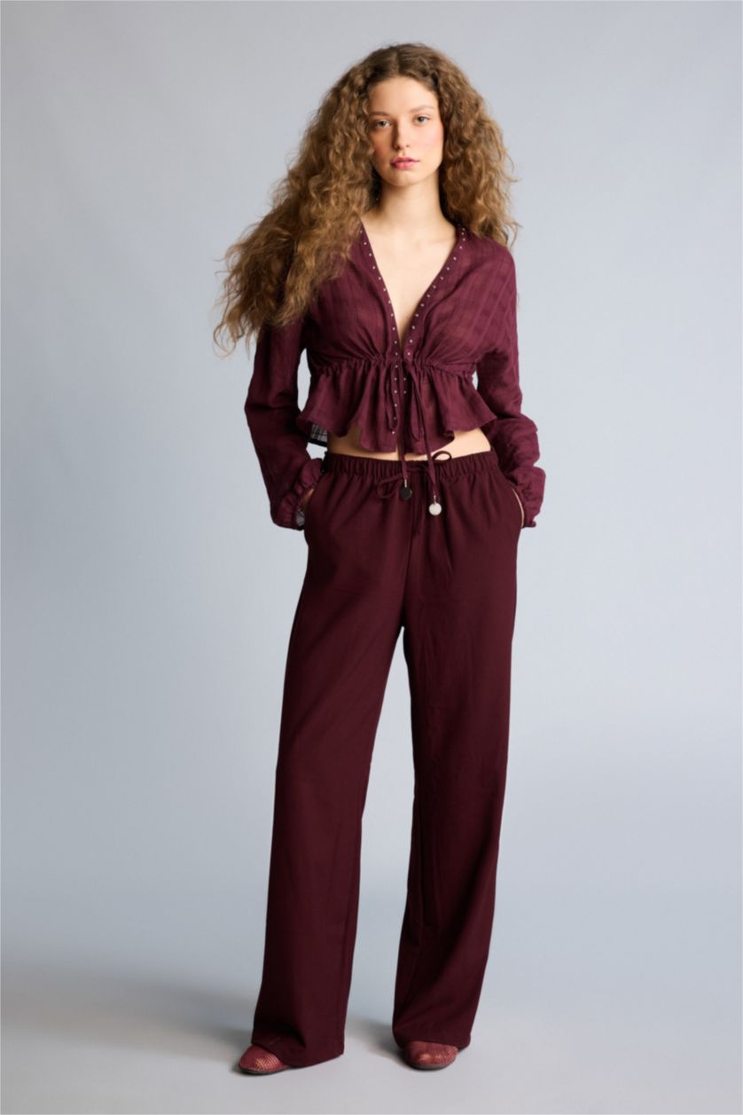 نساء خمري بلوزة كم طويل قصة عادية بياقة V