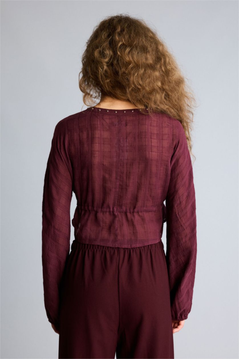 نساء خمري بلوزة كم طويل قصة عادية بياقة V