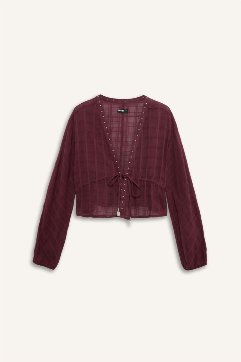 نساء خمري بلوزة كم طويل قصة عادية بياقة V