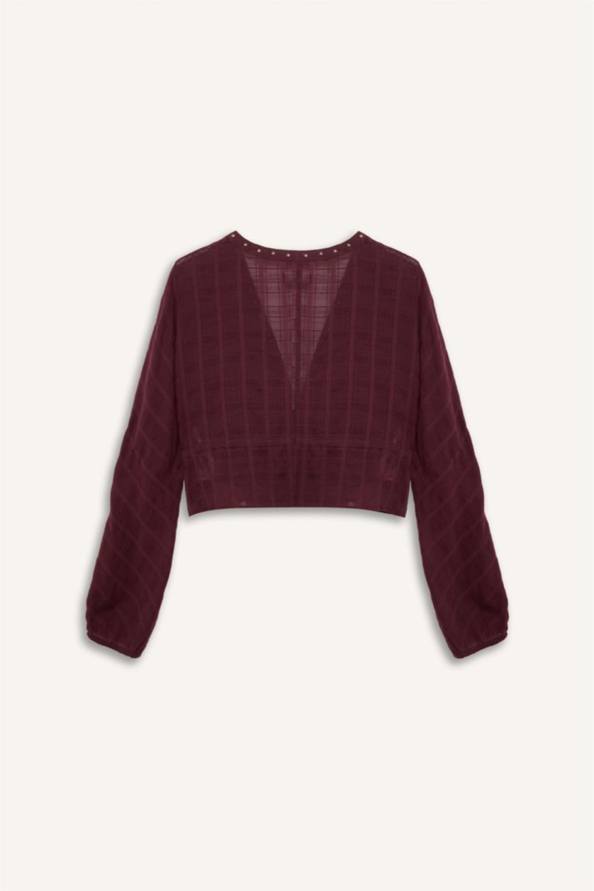 نساء خمري بلوزة كم طويل قصة عادية بياقة V