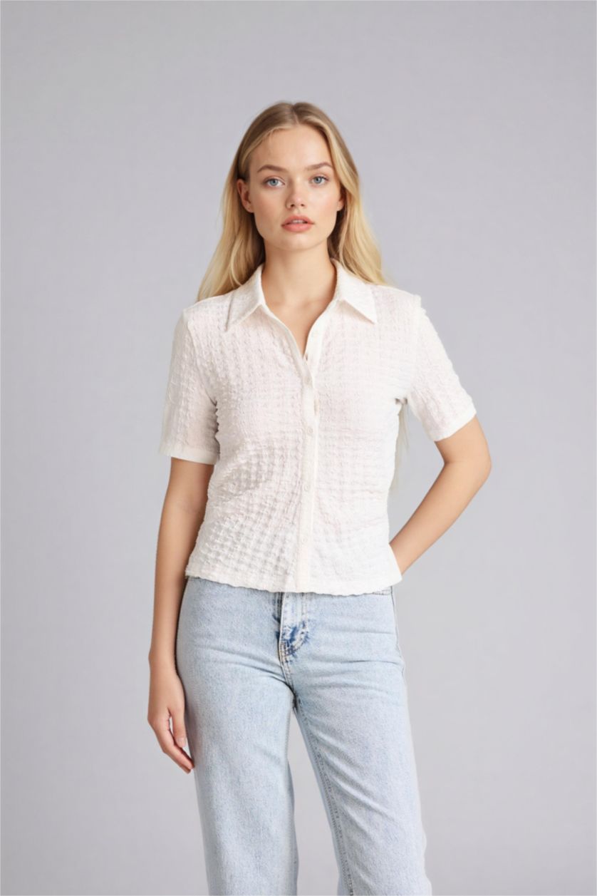 Женщины Кремовый Рубашка с коротким рукавом приталенного кроя креп для женщин Coool