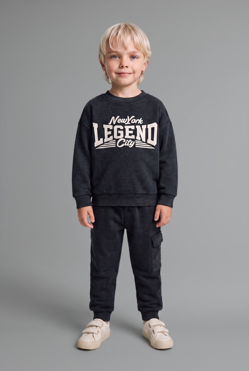 Erkek Bebek Antrasit 2'li Takım Baskılı Sweatshirt Eşofman Altı Erkek Bebek