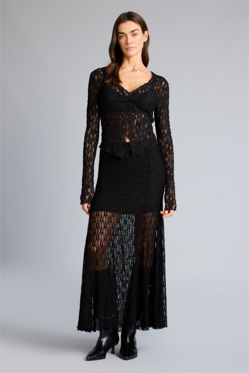 Женщины Черный Юбка из трикотажа со средней талией с кружевом для женщин