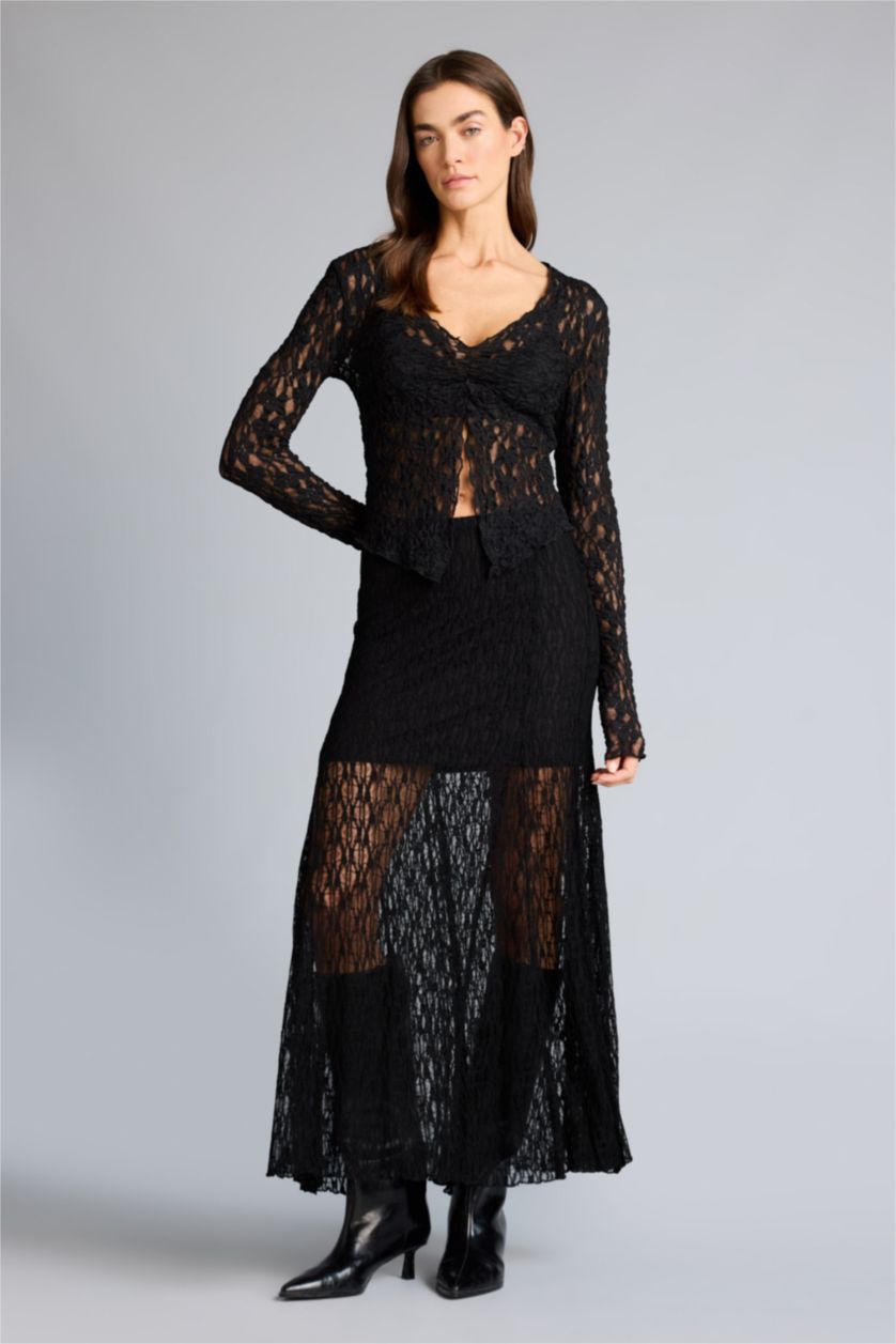 Женщины Черный Юбка из трикотажа со средней талией с кружевом для женщин