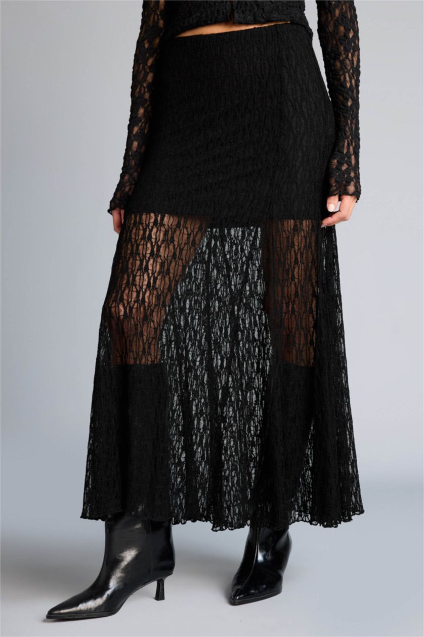 Женщины Черный Юбка из трикотажа со средней талией с кружевом для женщин