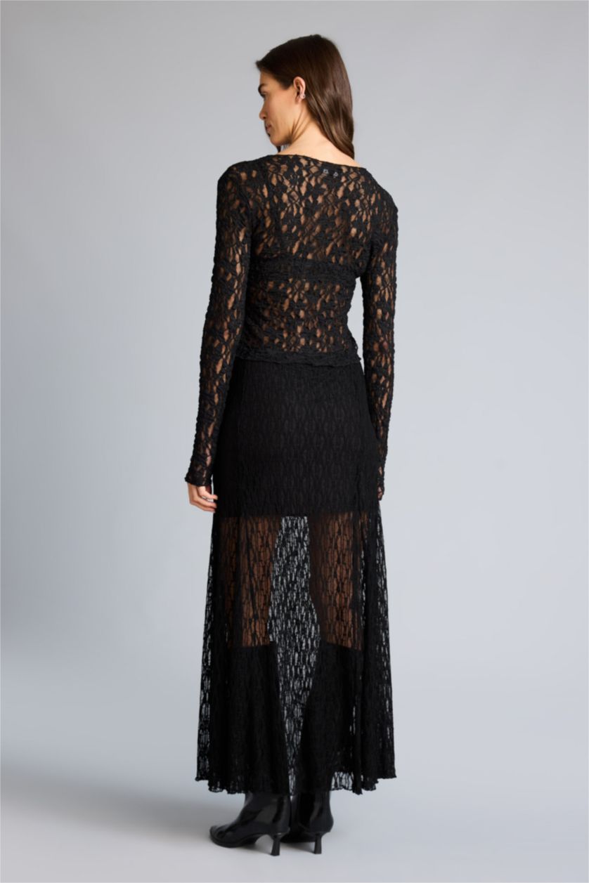 Женщины Черный Юбка из трикотажа со средней талией с кружевом для женщин