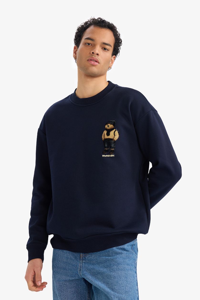 Erkek Lacivert Boxy Fit Bisiklet Yaka Ayıcıklı Sweatshirt