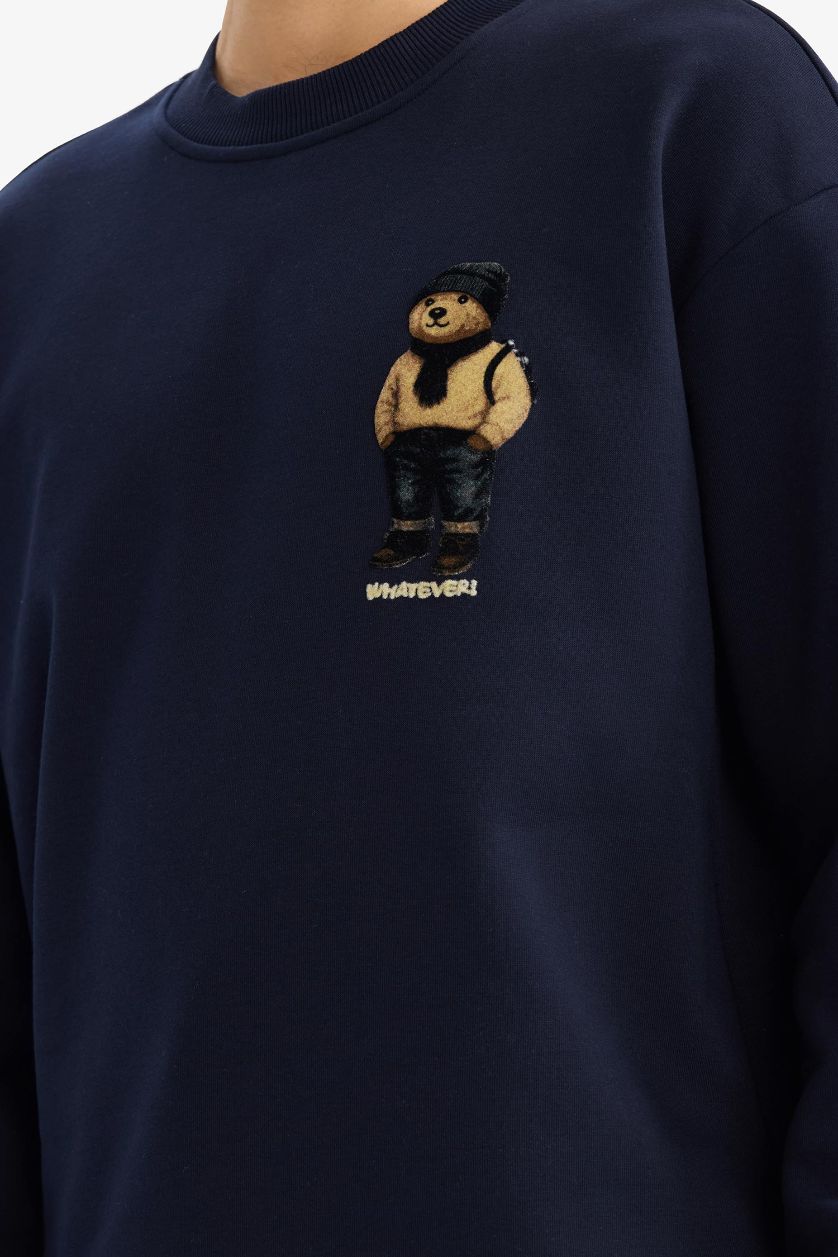 Erkek Lacivert Boxy Fit Bisiklet Yaka Ayıcıklı Sweatshirt