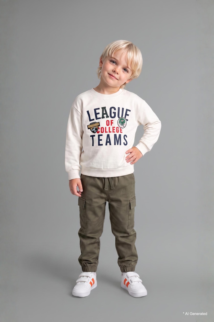 Erkek Bebek Ekru 2'li Takım Baskılı Sweatshirt Pantolon Erkek Bebek