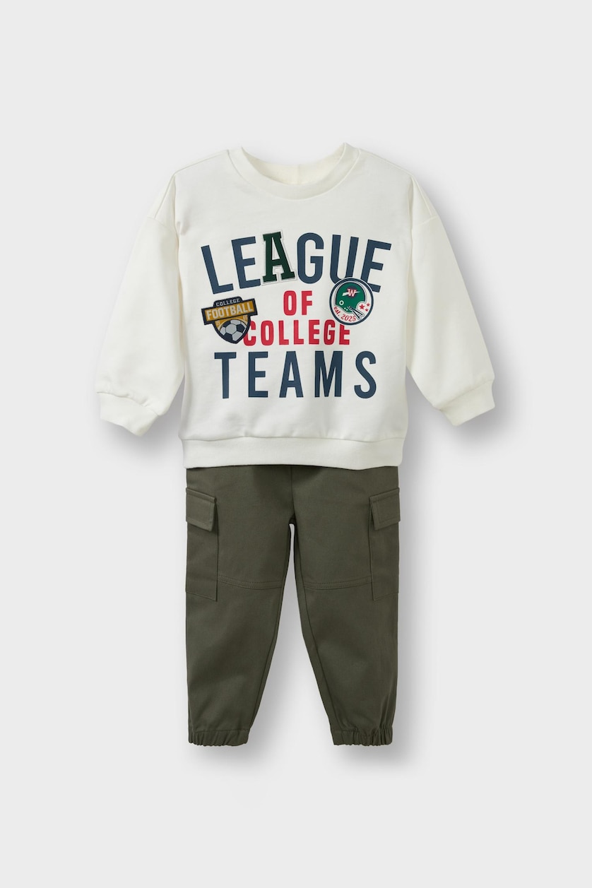 Erkek Bebek Ekru 2'li Takım Baskılı Sweatshirt Pantolon Erkek Bebek