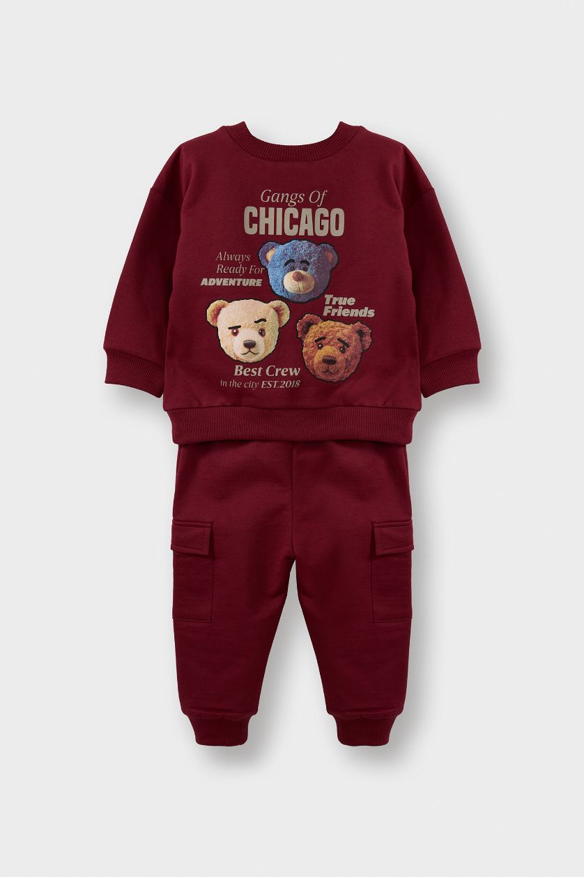 Baby Boy Bordeaux Baby Boy Bear Printed Thin Fabric 2 Piece Set