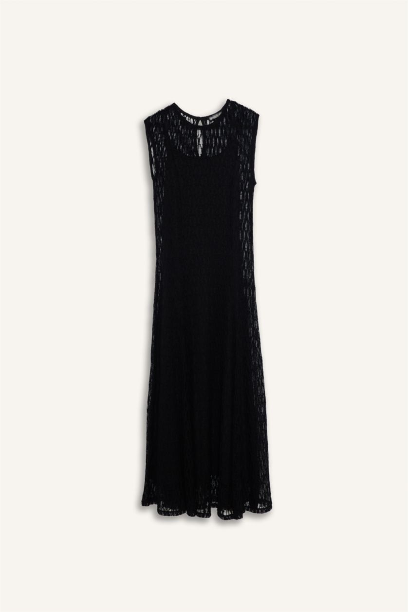 Женщины Черный Платье с коротким рукавом расклешенные с круглым вырезом с кружевом