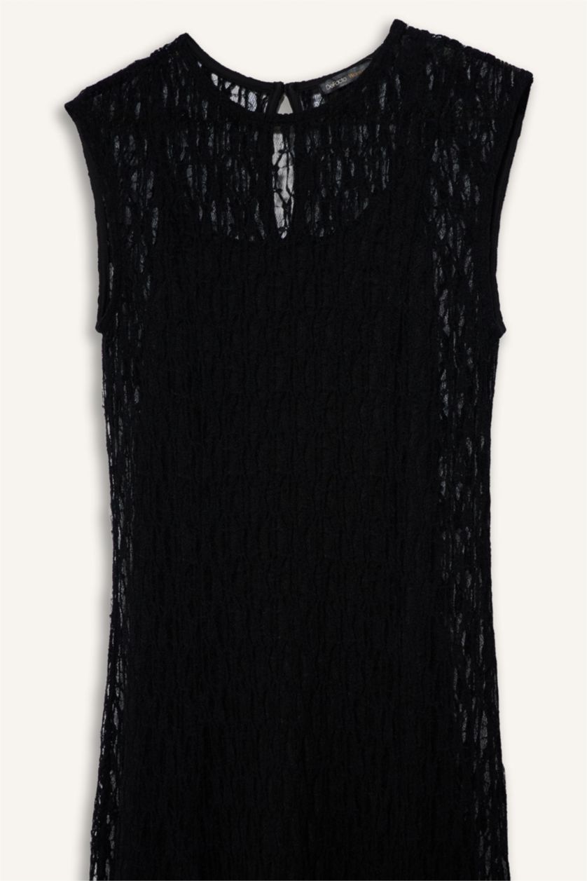 Женщины Черный Платье с коротким рукавом расклешенные с круглым вырезом с кружевом