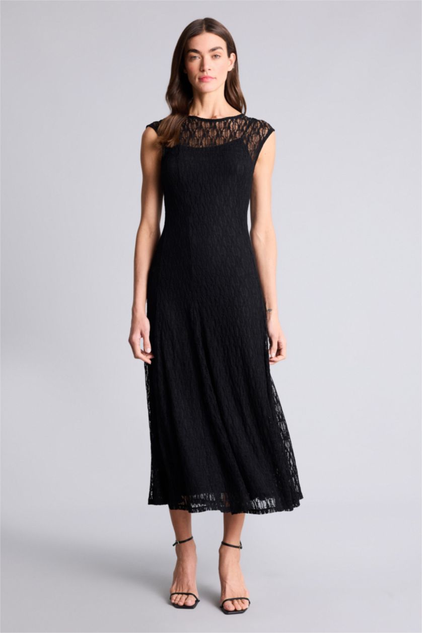 حريمي أسود فستان نص كم بالدانتيل برجل واسع بدون كم بياقة مستديرة