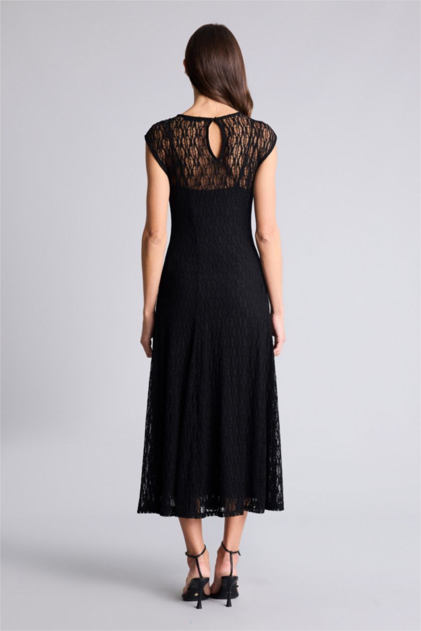 حريمي أسود فستان نص كم بالدانتيل برجل واسع بدون كم بياقة مستديرة