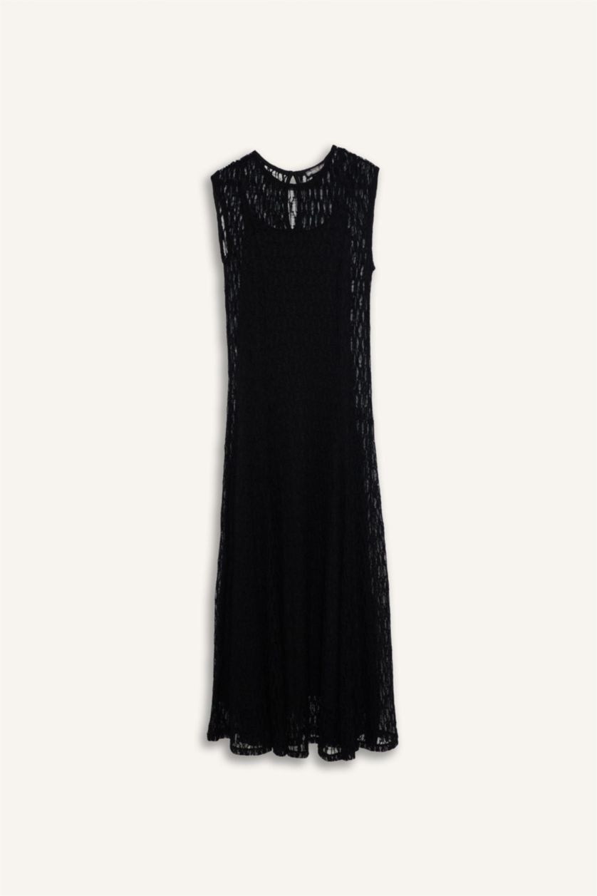 حريمي أسود فستان نص كم بالدانتيل برجل واسع بدون كم بياقة مستديرة