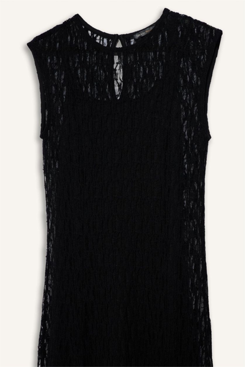 حريمي أسود فستان نص كم بالدانتيل برجل واسع بدون كم بياقة مستديرة