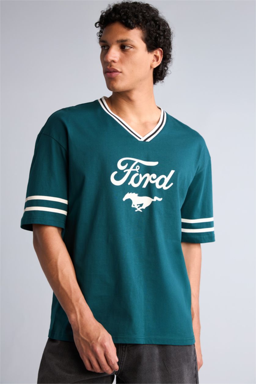 Erkek Yeşil Loose Fit Baskılı Tişört