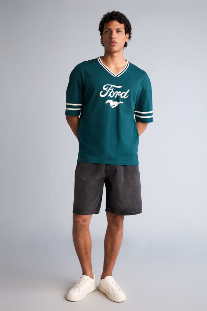 Erkek Yeşil Loose Fit Baskılı Tişört