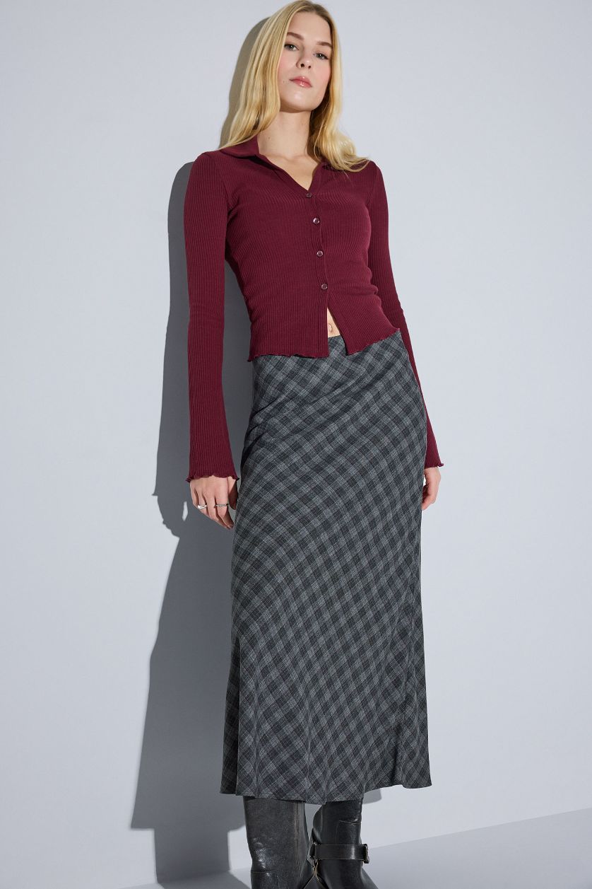 Woman Anthracite A Line Plaid Viscose High Waist Midi Skirt