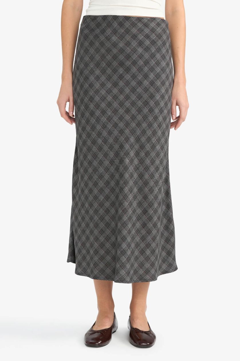 Woman Anthracite A Line Plaid Viscose High Waist Midi Skirt