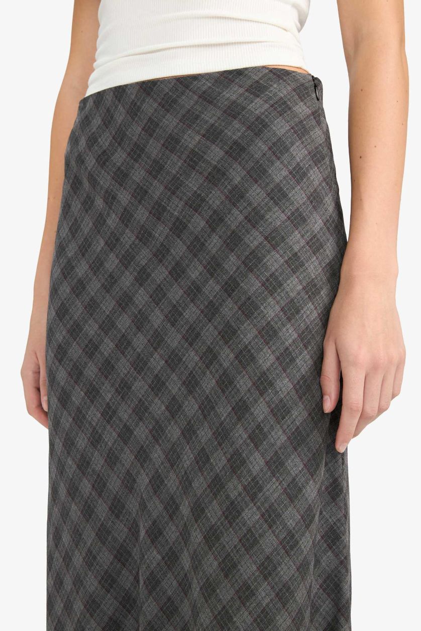 Woman Anthracite A Line Plaid Viscose High Waist Midi Skirt