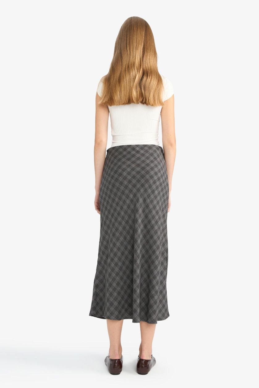 Woman Anthracite A Line Plaid Viscose High Waist Midi Skirt