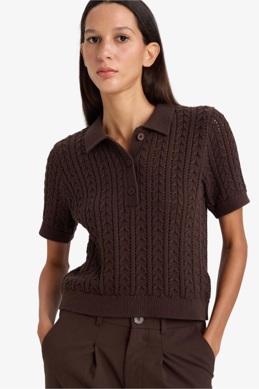 Женщины Коричневый Пуловер стандартного кроя с поло воротником из трикотажа для женщин