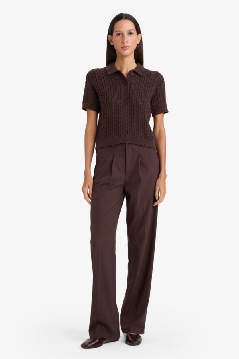 Женщины Коричневый Пуловер стандартного кроя с поло воротником из трикотажа для женщин