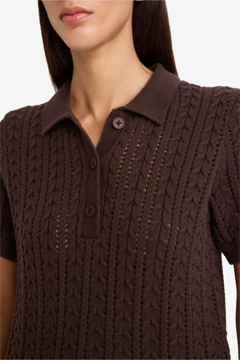 Женщины Коричневый Пуловер стандартного кроя с поло воротником из трикотажа для женщин