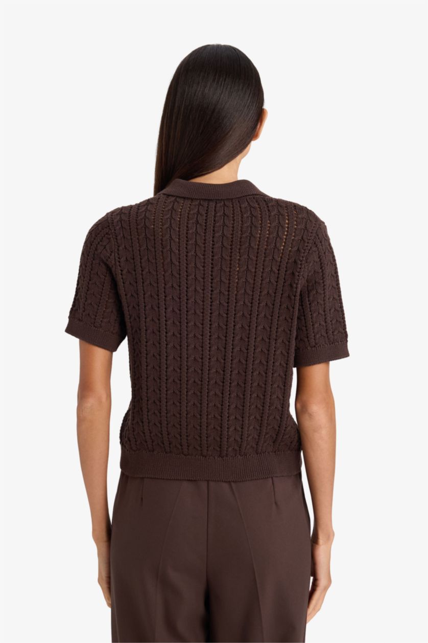 Женщины Коричневый Пуловер стандартного кроя с поло воротником из трикотажа для женщин