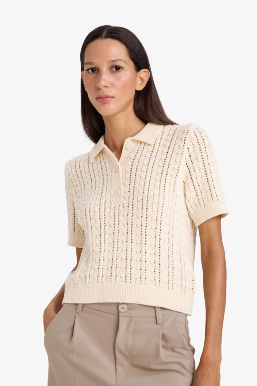 Женщины Бежевый Пуловер стандартного кроя с поло воротником из трикотажа для женщин