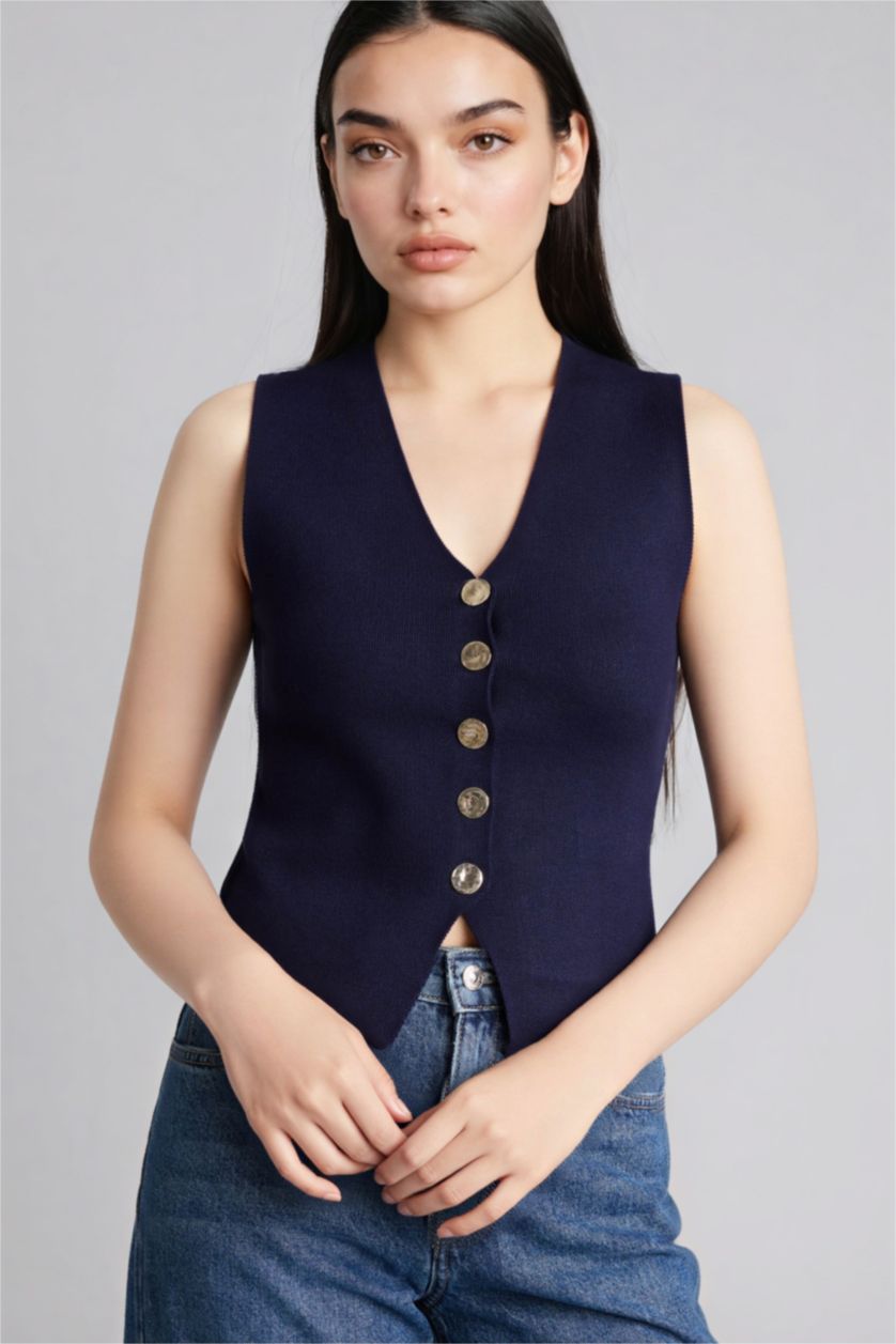 Женщины Синий Жилет приталенного кроя из трикотажа для женщин