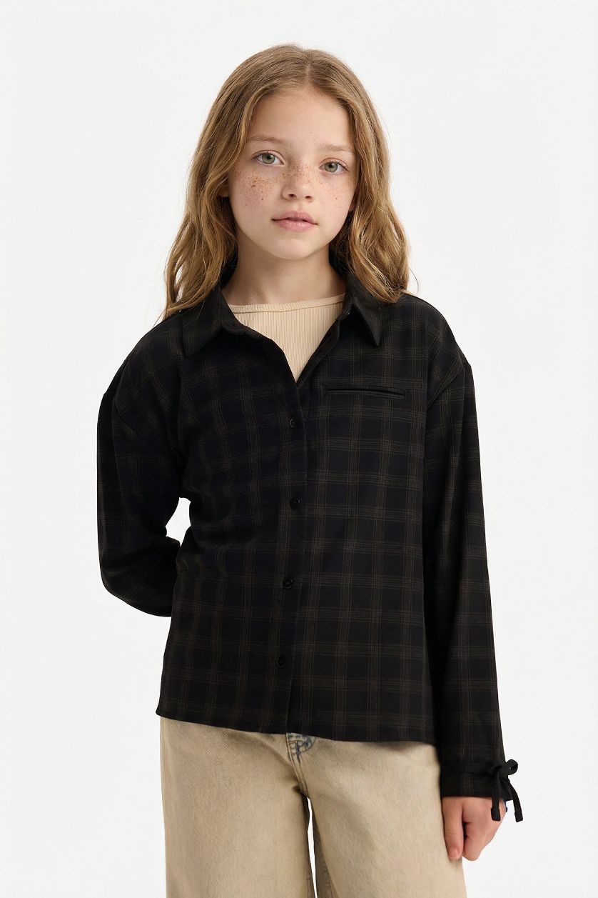 Kız Çocuk - Genç Kız Açık Kahve Kareli Uzun Kollu Gömlek Kız Çocuk