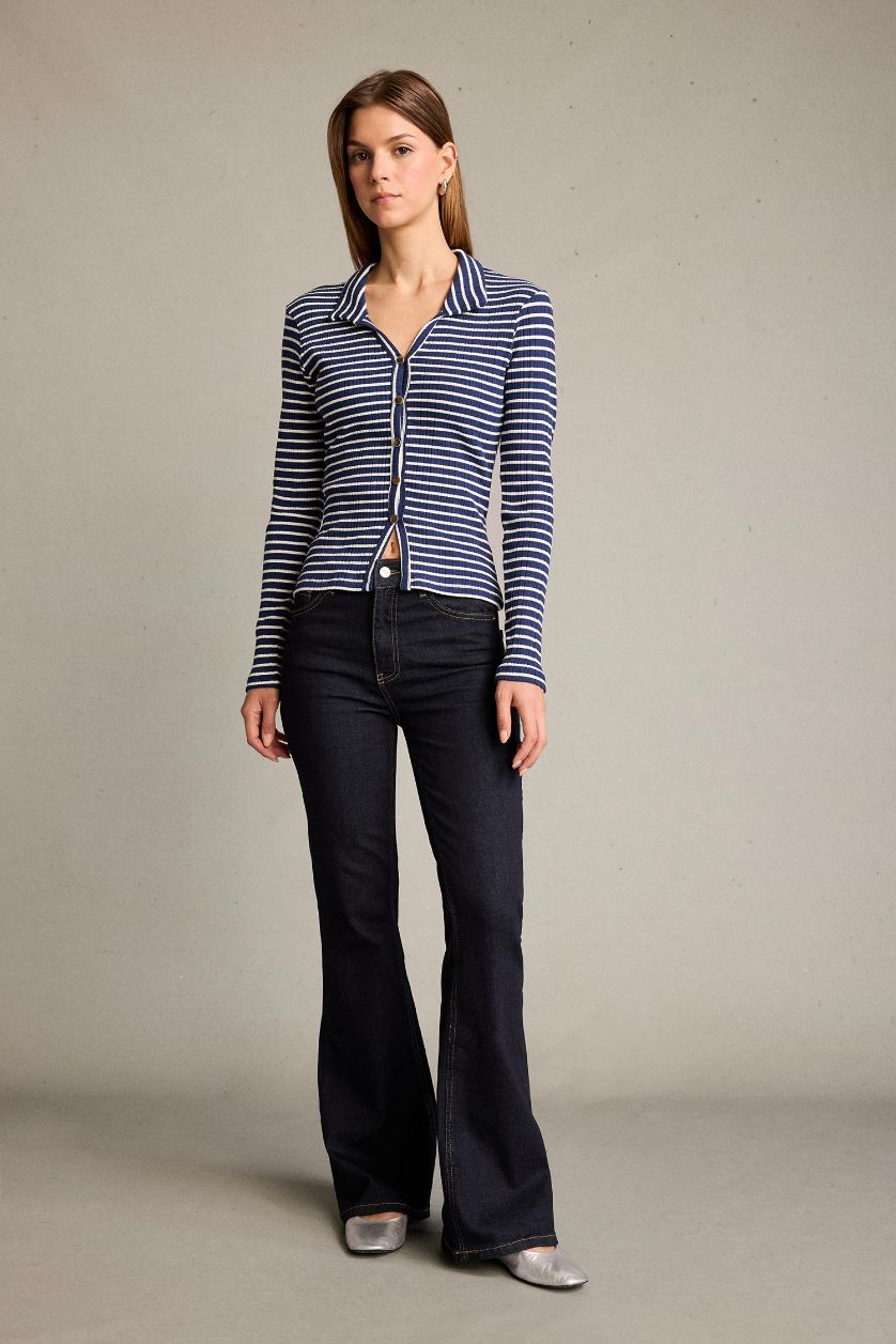 نساء كحلي قميص بولو نص ردن بياقة مستديرة