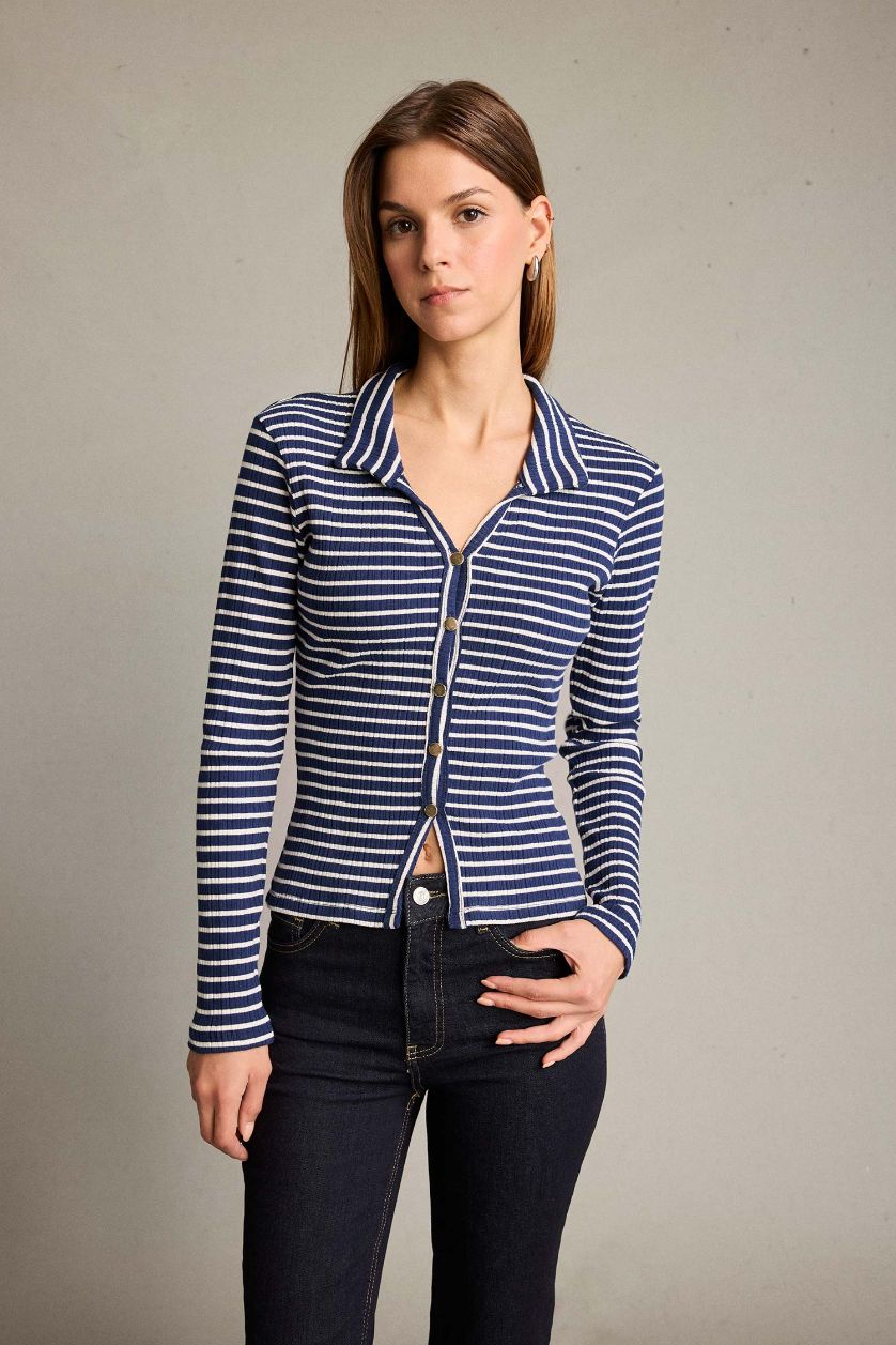 نساء كحلي قميص بولو نص ردن بياقة مستديرة