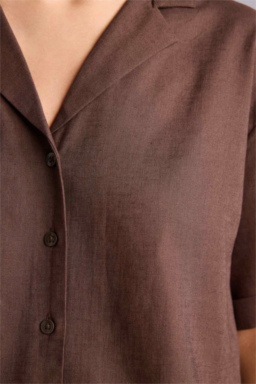 Женщины Светло коричневый Рубашка оверсайз из смесового льна с пижамным воротником и коротким рукавом