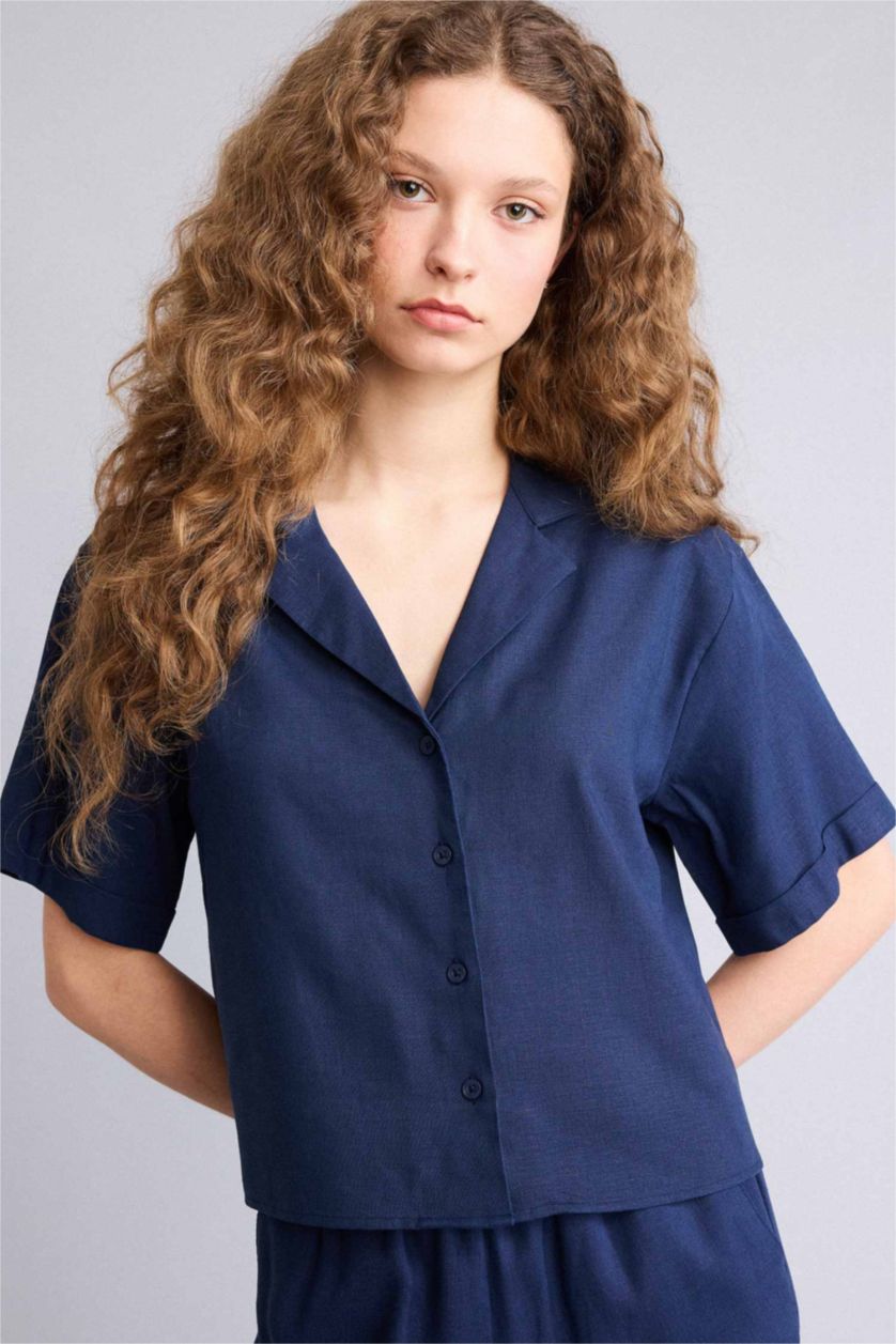 Woman NAVY Oversize Fit Linen Blended Short Sleeve Shirt