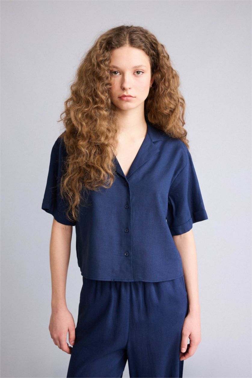 Woman NAVY Oversize Fit Linen Blended Short Sleeve Shirt