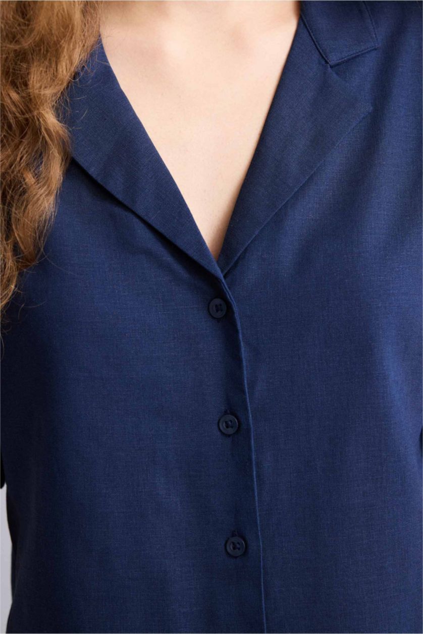 Woman NAVY Oversize Fit Linen Blended Short Sleeve Shirt