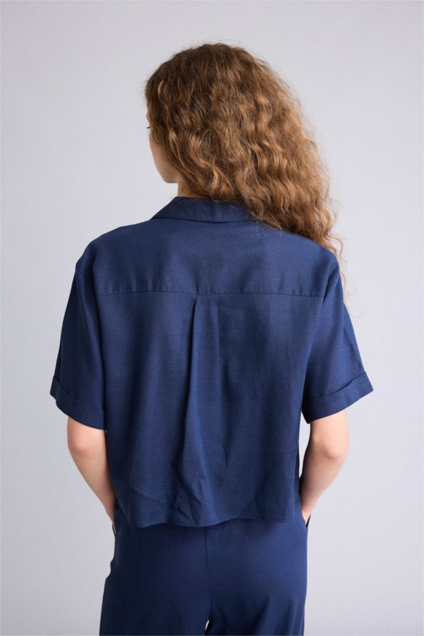 Woman NAVY Oversize Fit Linen Blended Short Sleeve Shirt